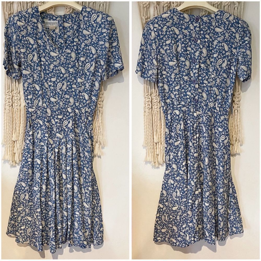 Vintage '80s ED Michaels Midi Dress - SZ Medium - Blue Tea Garden Floral Dress
